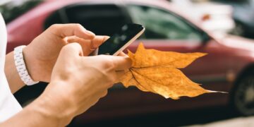 Female hand holding a mobile phone and fallen autumn leaf close-up. A woman uses a mobile application while walking through the city streets.