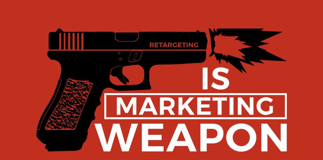 an image with a gun with the text "remarketing" written on it to represent digital marketing as a weapon